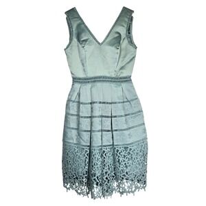 Chi Chi London Sage Green Satin Crochet Lace Fit and Flare Midi Dress 9512 US 6